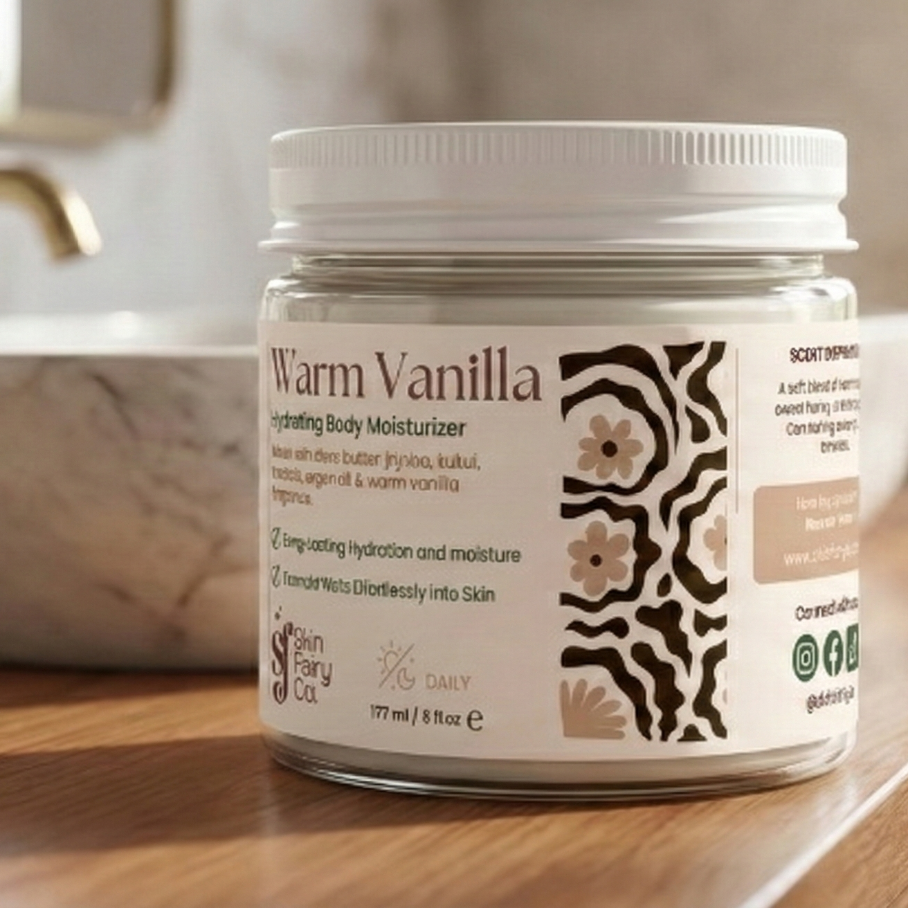 Jar of warm vanilla body scrub on a wooden surface with decorative elements in the background